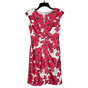 DressBarn Floral‎ Pink White Rouched Cap Sleeve Slimming Sheath Dress Size 4